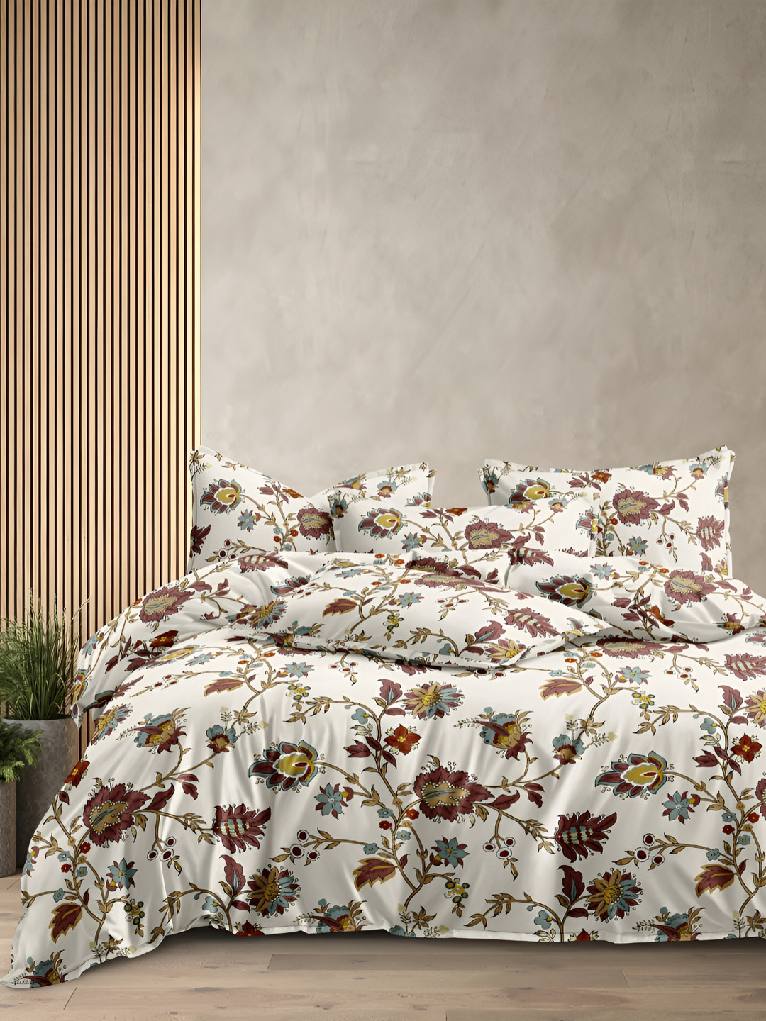 

CHHILAKIYA White and Beige Floral Printed 350 TC King Cotton Bedsheet with 2 Pillow Covers