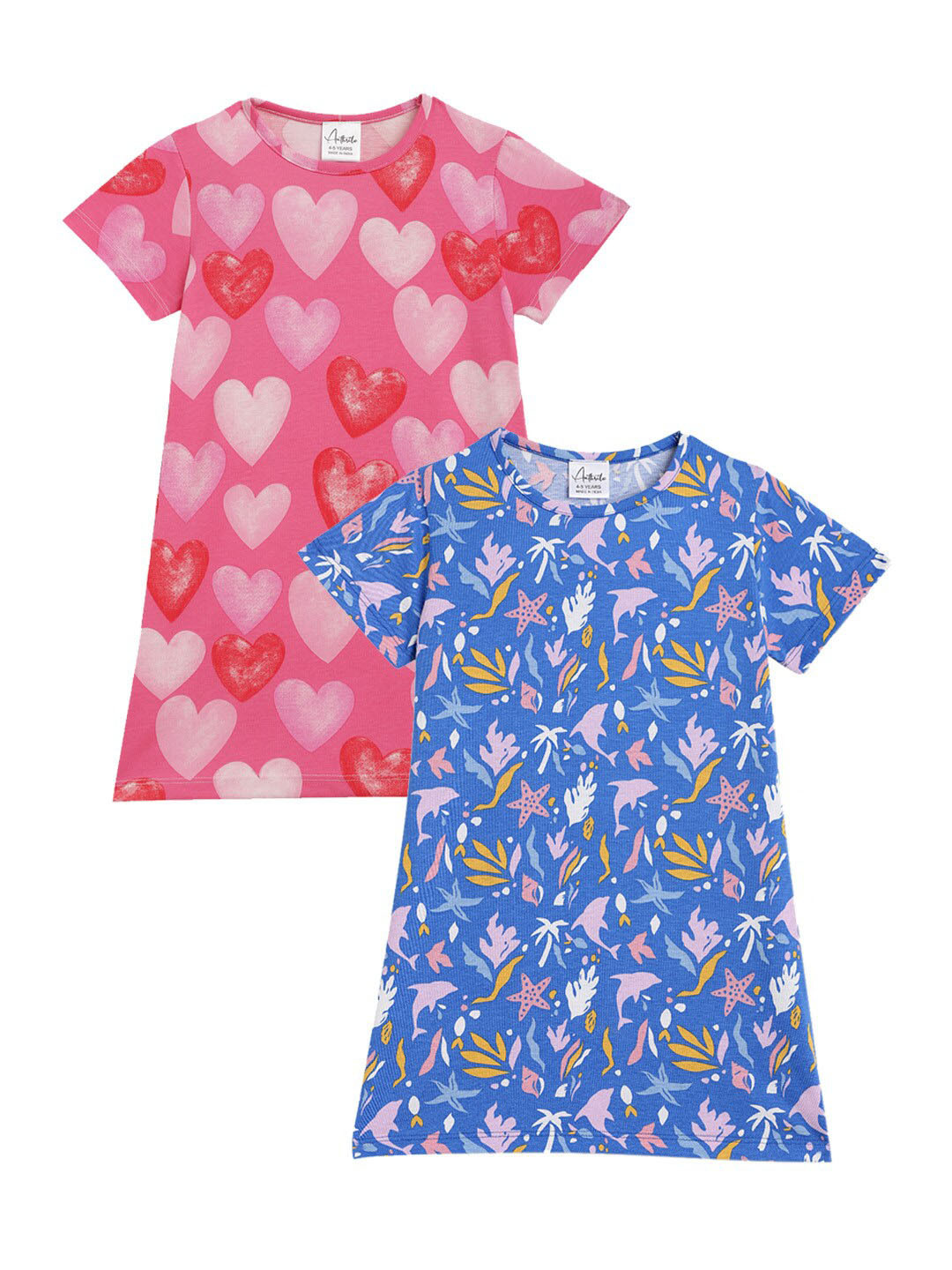 

Anthrilo Girls Pack Of 2 Conversational Printed Pure Cotton T-shirt Nightdress, Pink