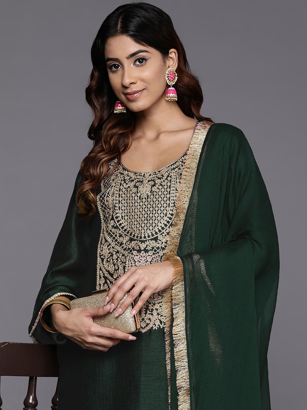 

Varanga Women Ethnic Motifs Embroidered Regular Kurta with Palazzos & With Dupatta, Green