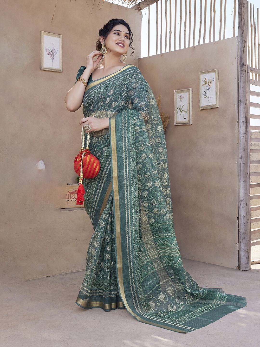 KALINI Floral Zari Saree, Teal