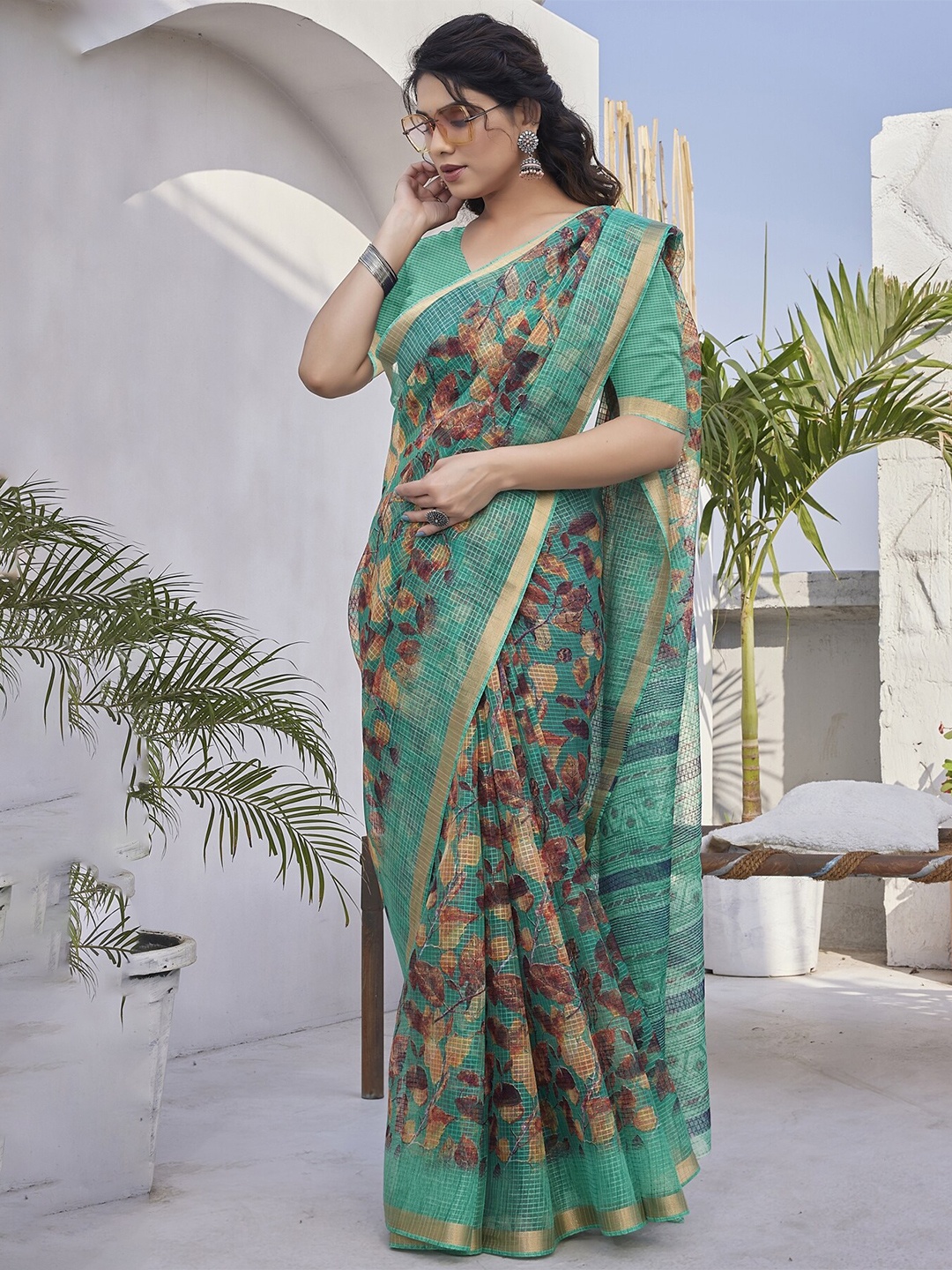 

KALINI Floral Printed Zari Saree, Teal