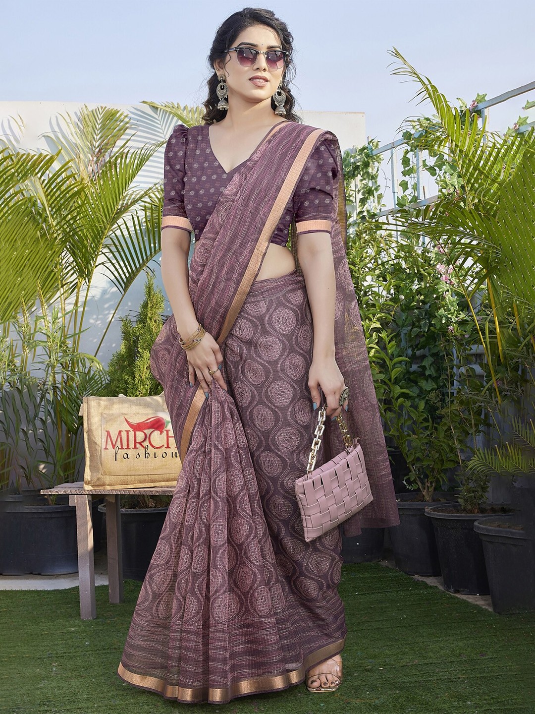 

KALINI Zari Block Print Saree, Purple