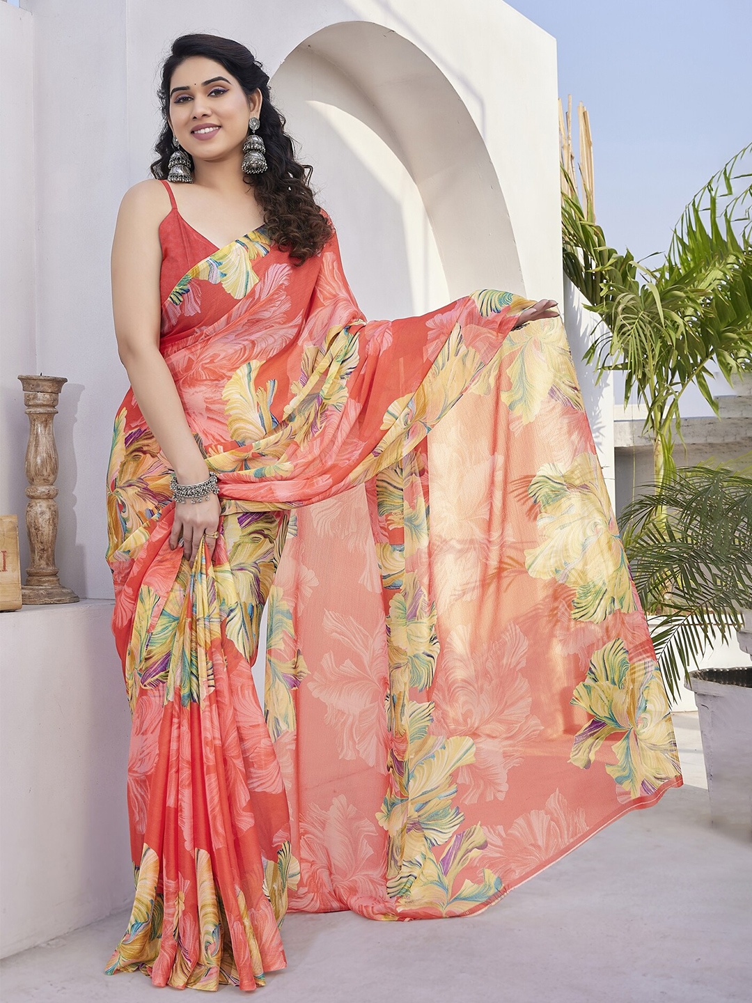 

KALINI Floral Printed Saree, Coral