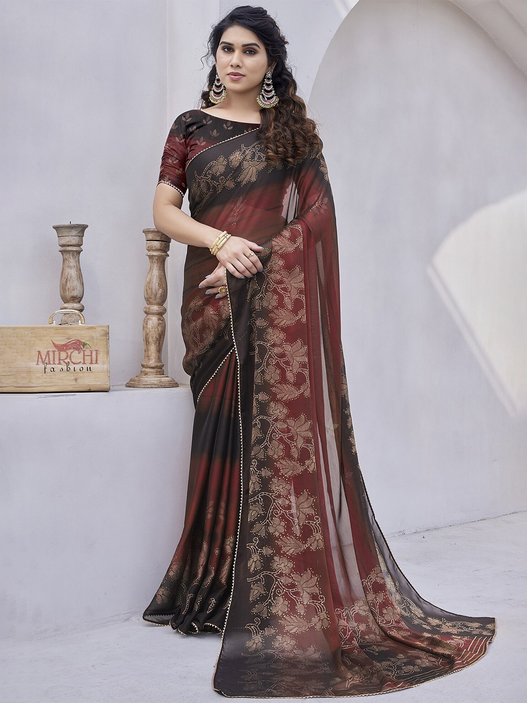 

KALINI Floral Printed Zari Saree, Maroon