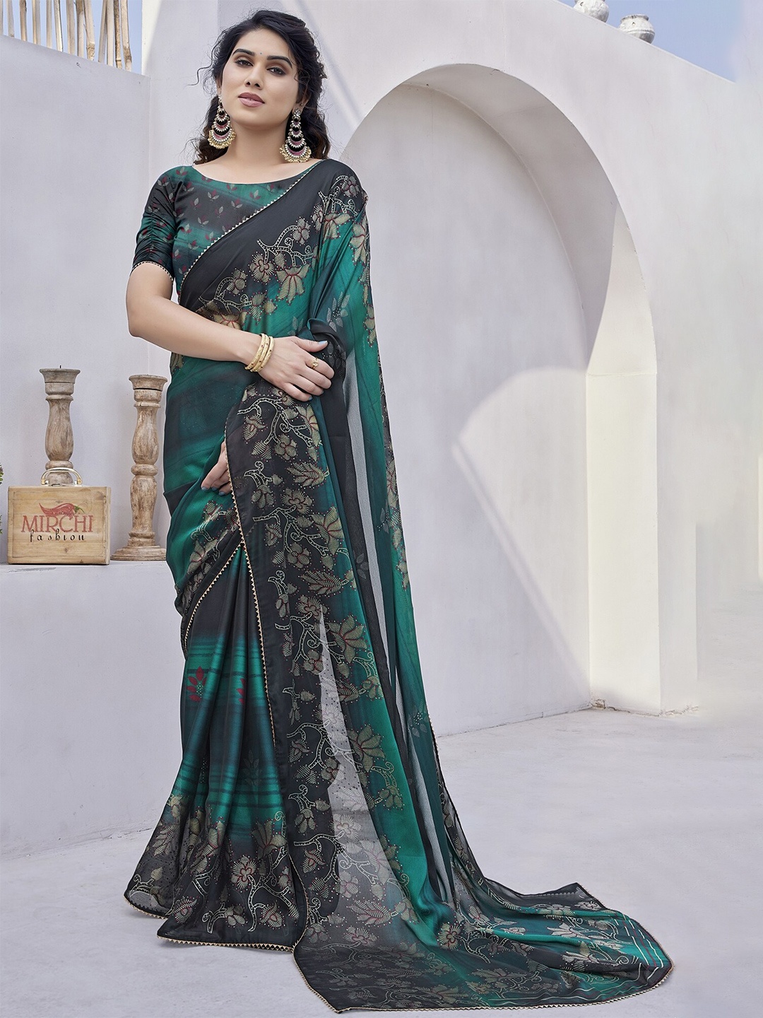 

KALINI Floral Zari Printed Saree, Teal