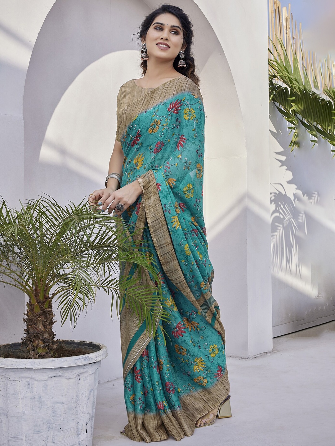 

KALINI Floral Printed Saree, Teal