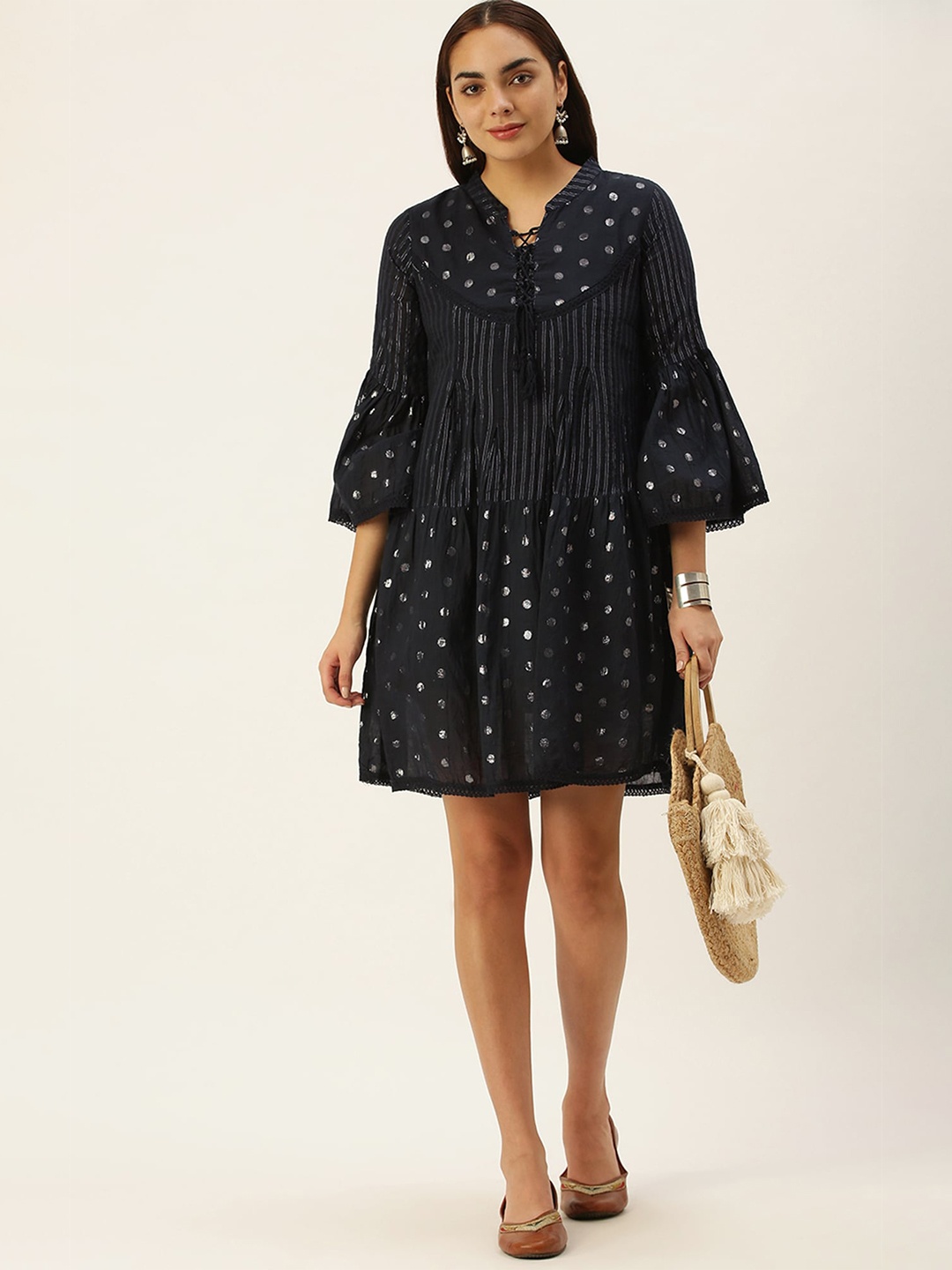 

KALINI Geometric Printed Embellished Tie-Up Neck Bell Sleeves A-Line Dress, Navy blue