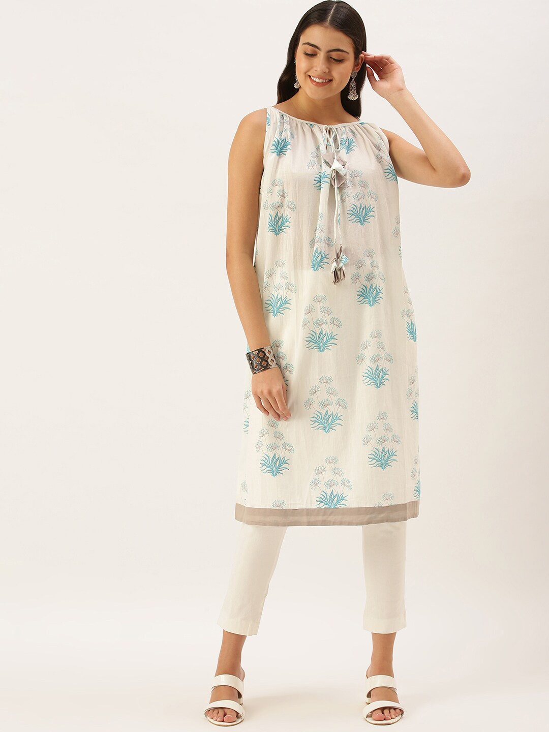 

KALINI Floral Printed Sleeveless Tie-Up Neck A-Line Dress, Off white