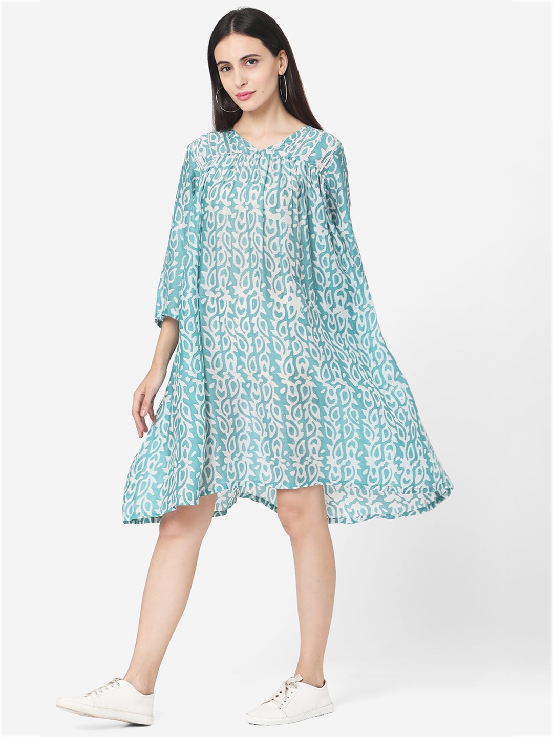 

KALINI Floral Printed Flared Sleeves Gathered or Pleated A-Line Dress, Blue