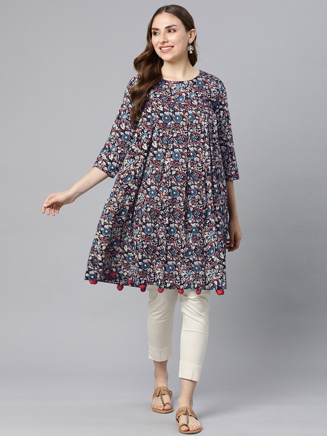 

KALINI Round Neck Floral Printed Cotton A-Line Kurta, Navy blue