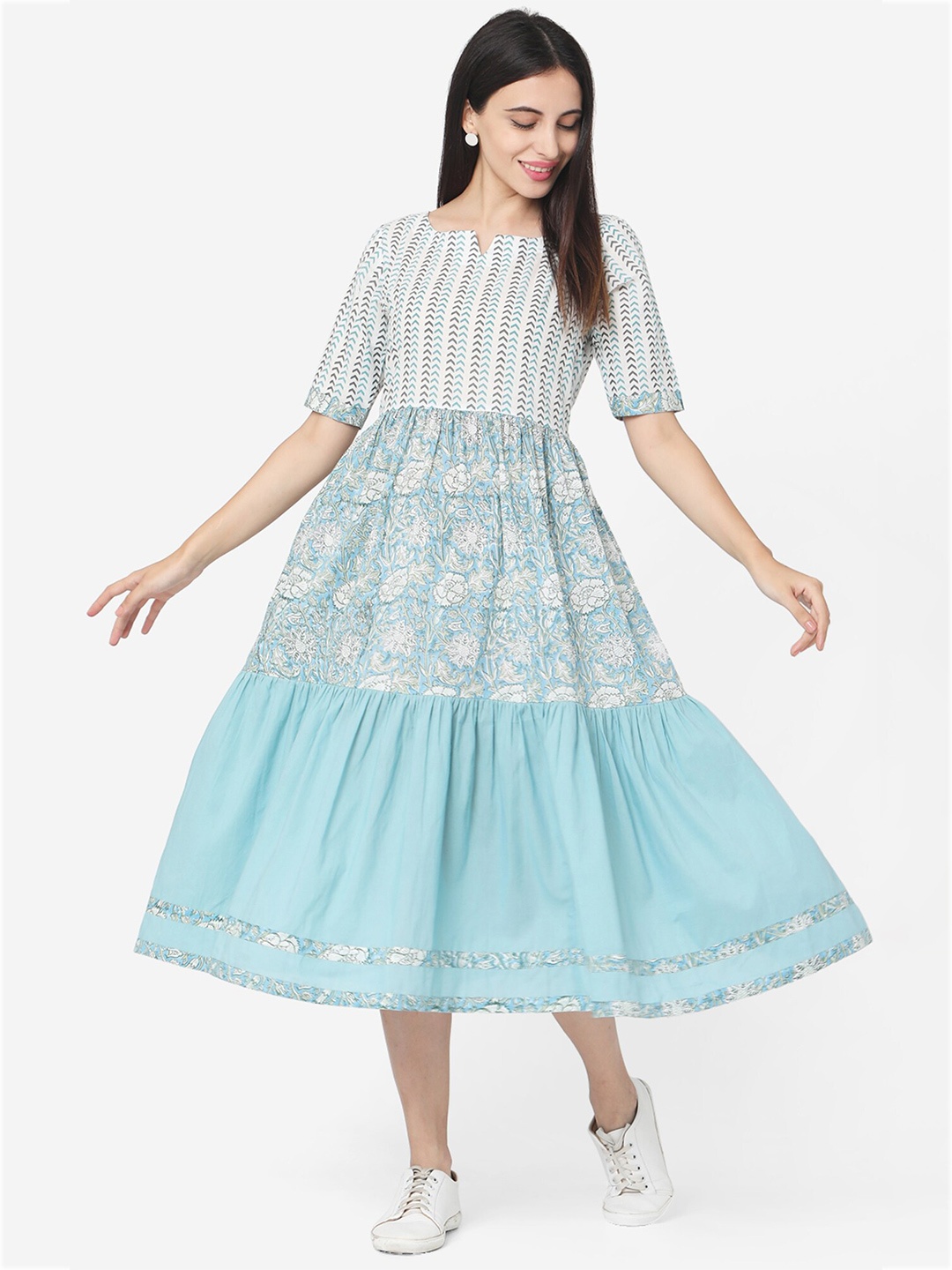 

KALINI Floral Printed Gathered or Pleated Fit & Flare Midi Dress, Blue