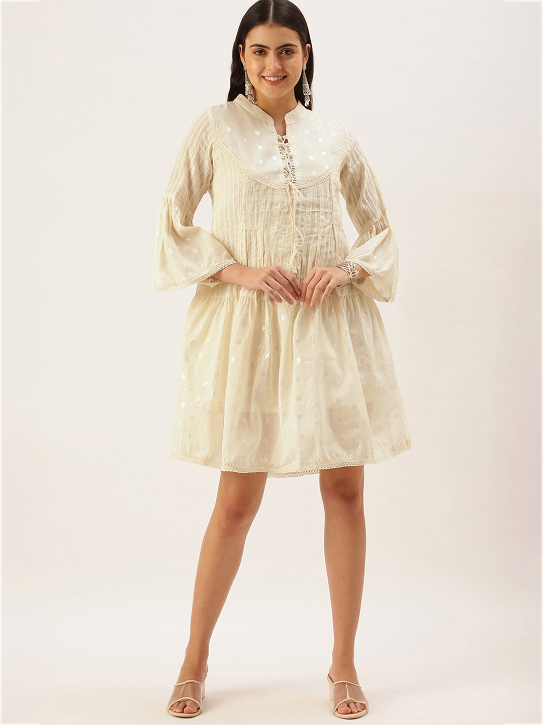 

KALINI Mandarin Collar Bell Sleeves A-Line Dress, White