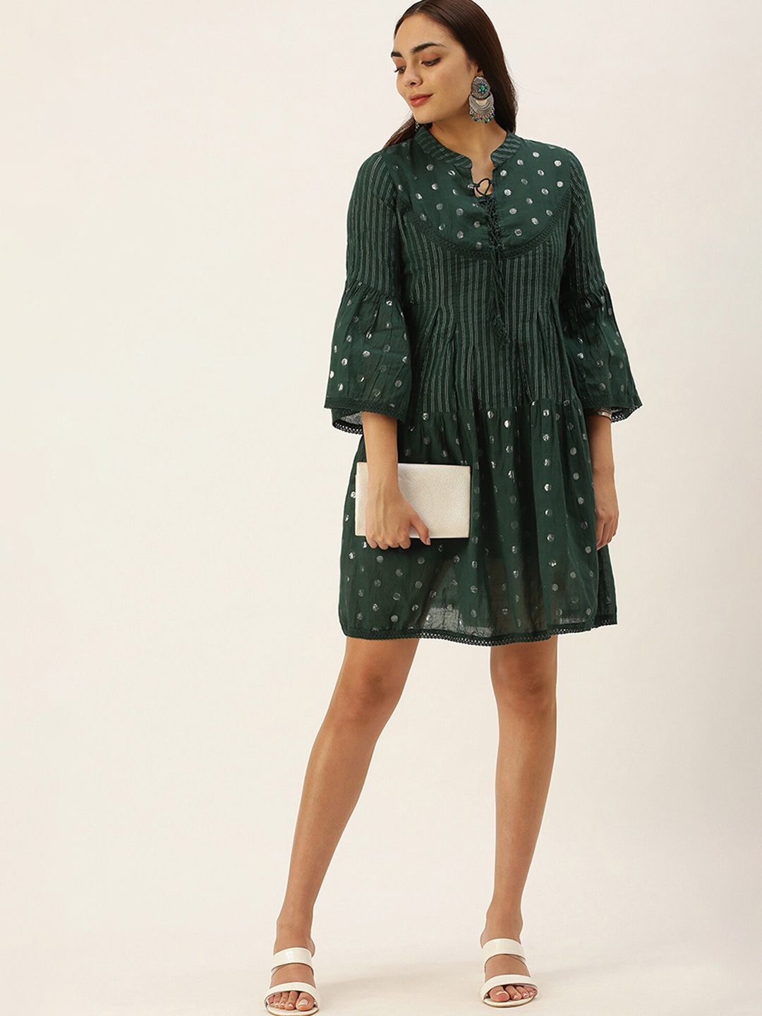 

KALINI Tie-Up Neck Bell Sleeve Cotton A-Line Dress, Green