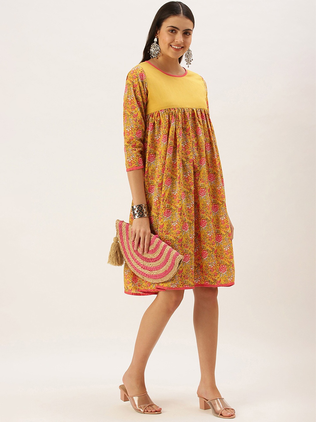 

KALINI Floral Printed Cotton A-Line Dress, Mustard