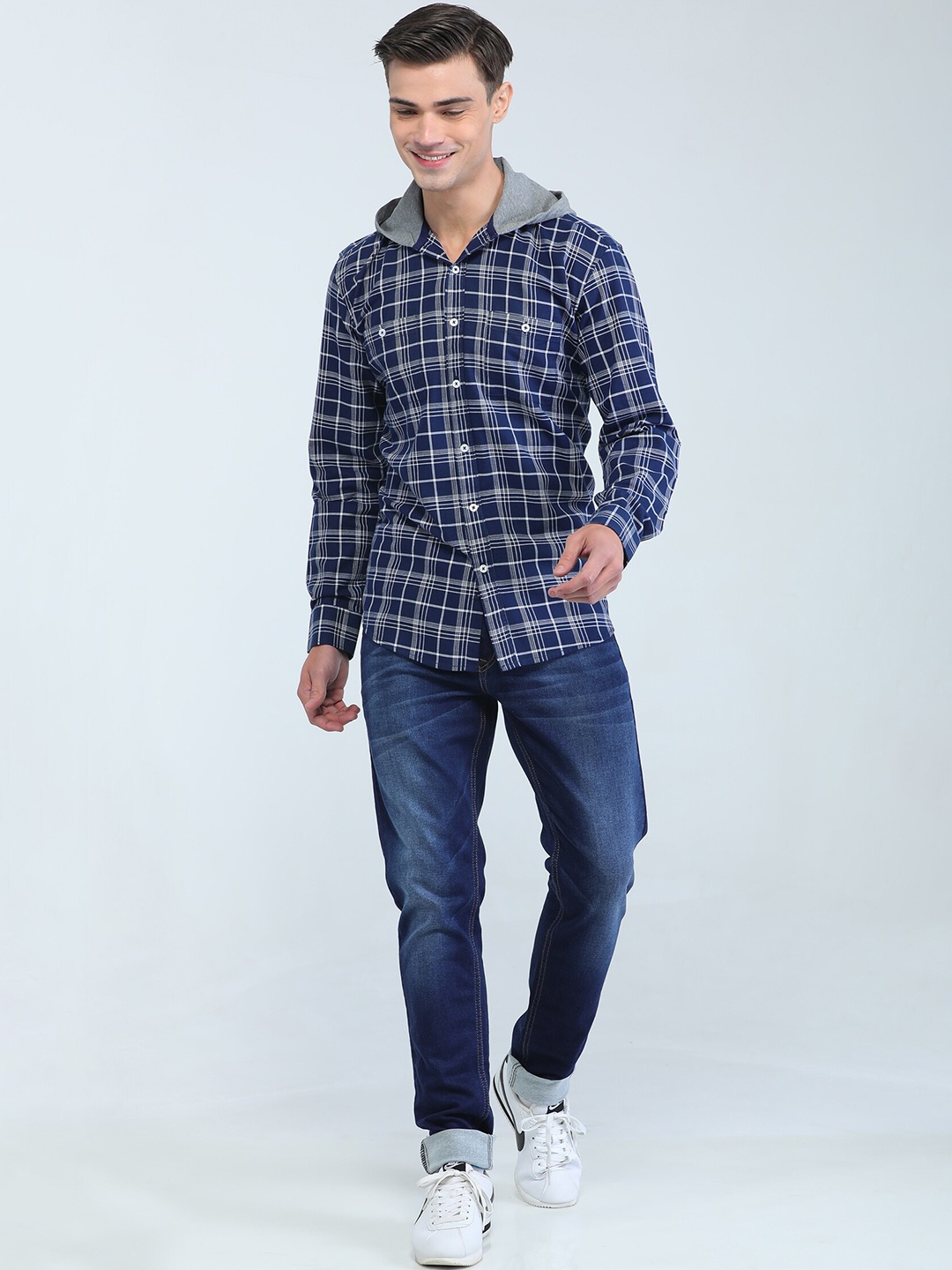 

TQS Tartan Checked Hood Cotton Shirt, Navy blue