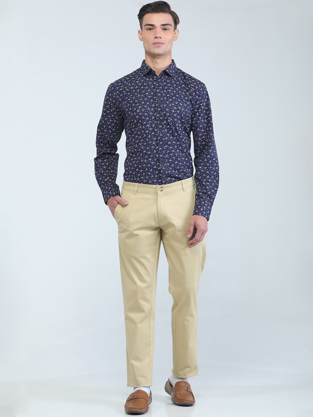 

TQS Floral Printed Spread Collar Cotton Formal Shirt, Navy blue