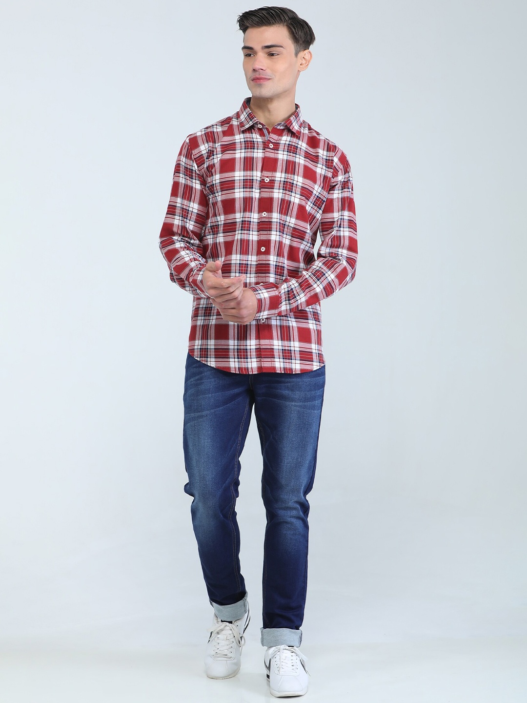 

TQS Tartan Checked Spread Collar Cotton Shirt, Red