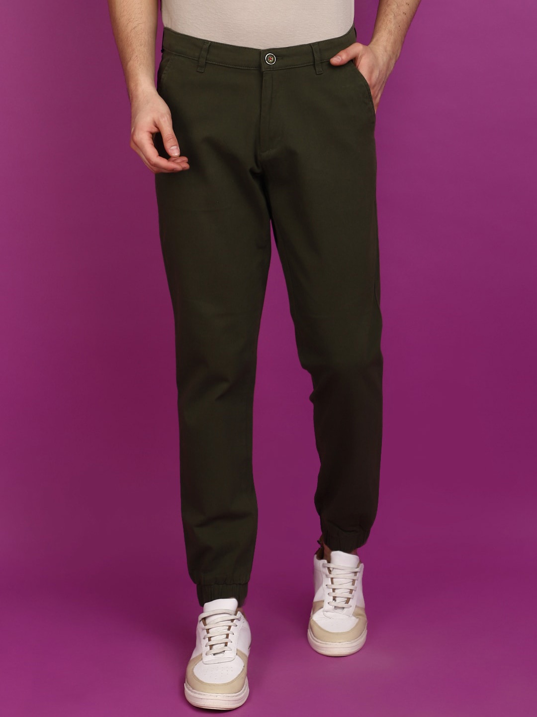 

V-Mart Men Mid-Rise Twill Cotton Joggers, Olive