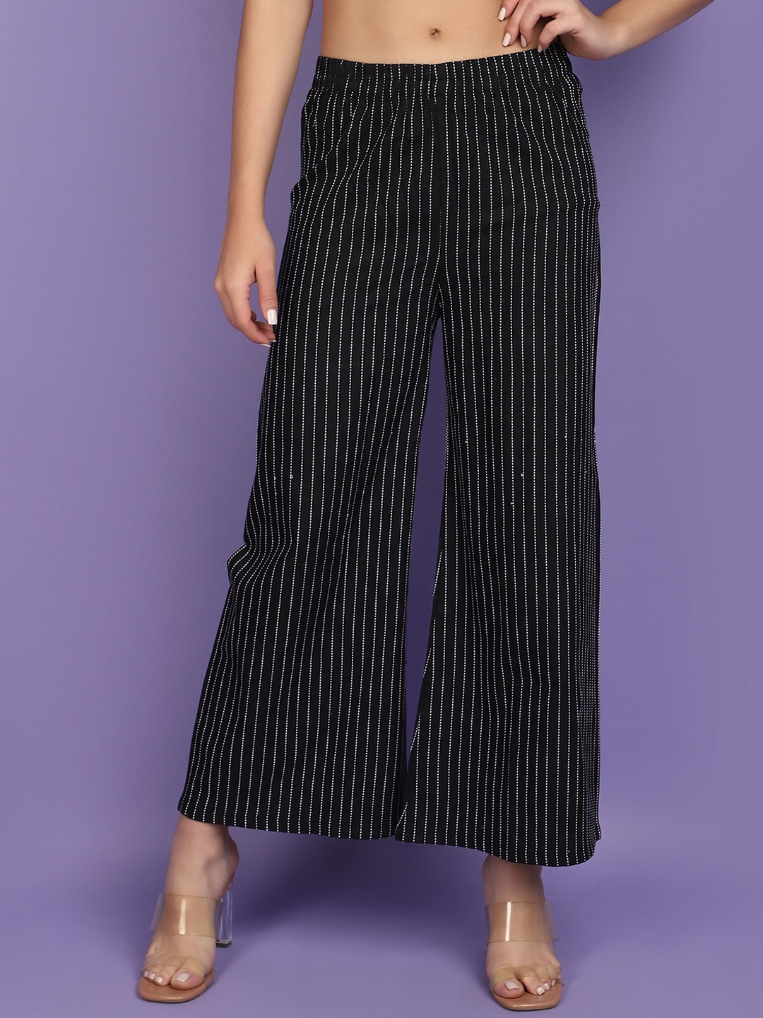

V-Mart Women Striped Cotton Straight Palazzo, Black