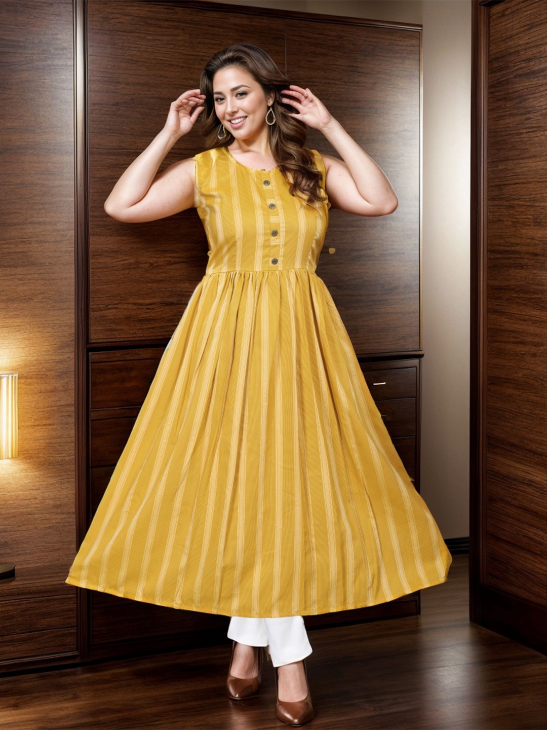 

ZIRVI Striped Sleeveless Anarkali Kurta, Mustard