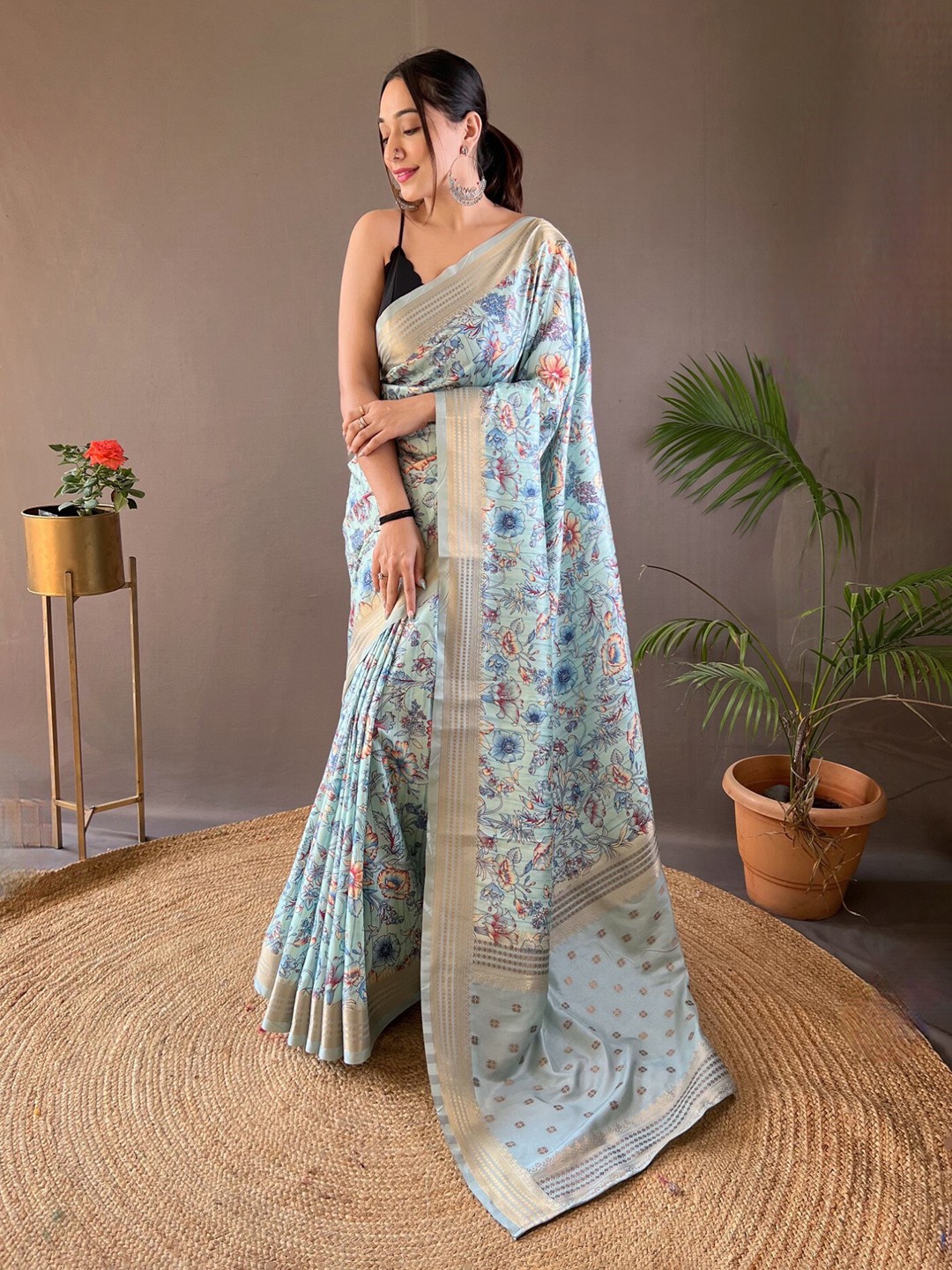 

LeeliPeeri Designer Floral Printed Zari Silk Saree, Blue