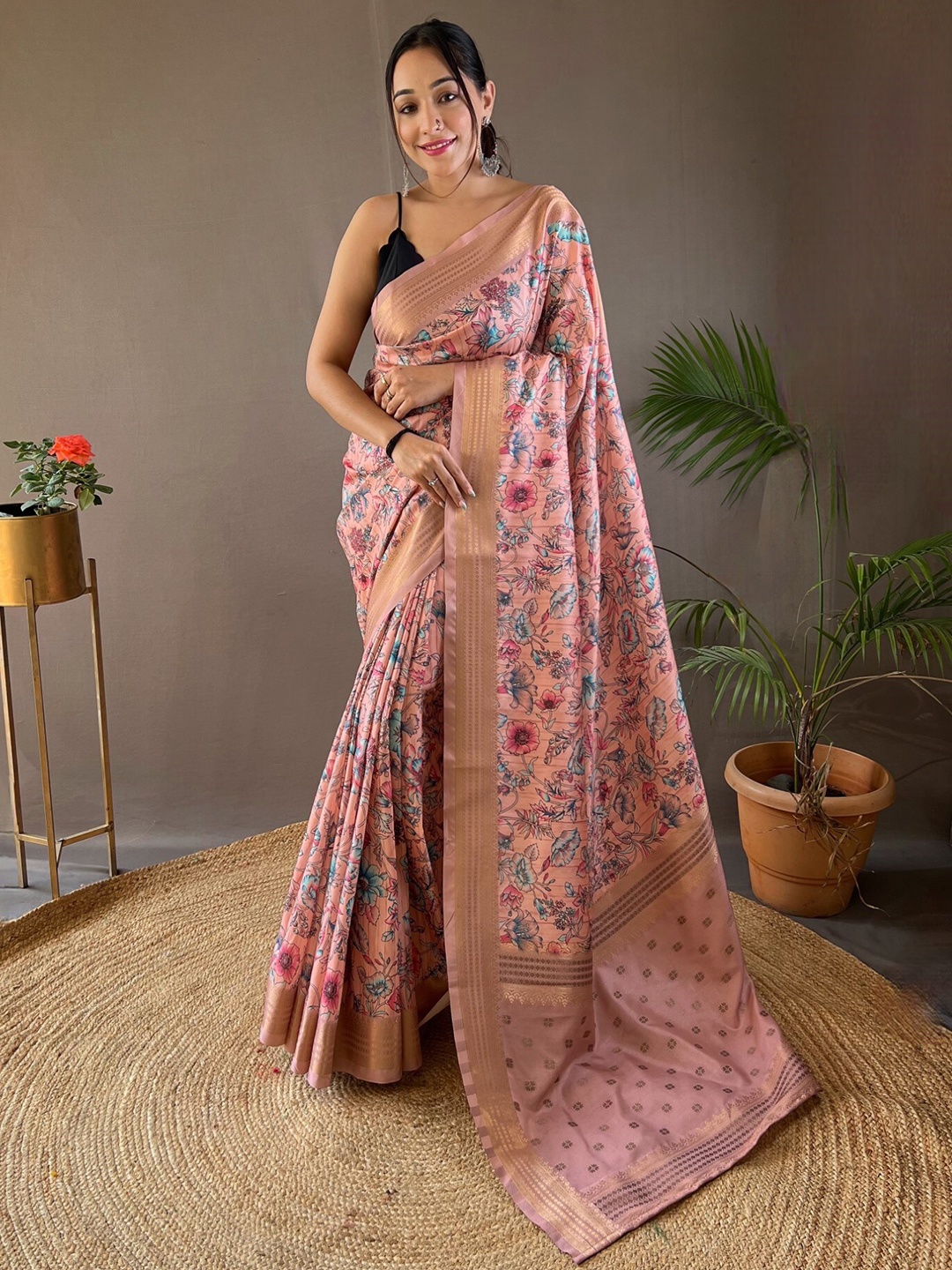 

LeeliPeeri Designer Floral Printed Zari Silk Saree, Pink