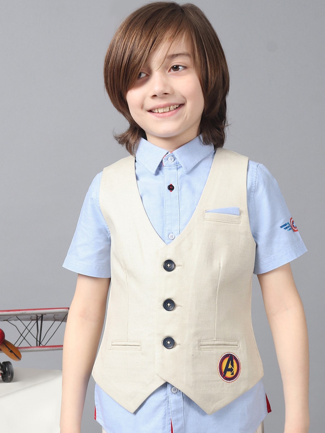 

One Friday Boys Woven Design Pure Cotton Waistcoat, Beige