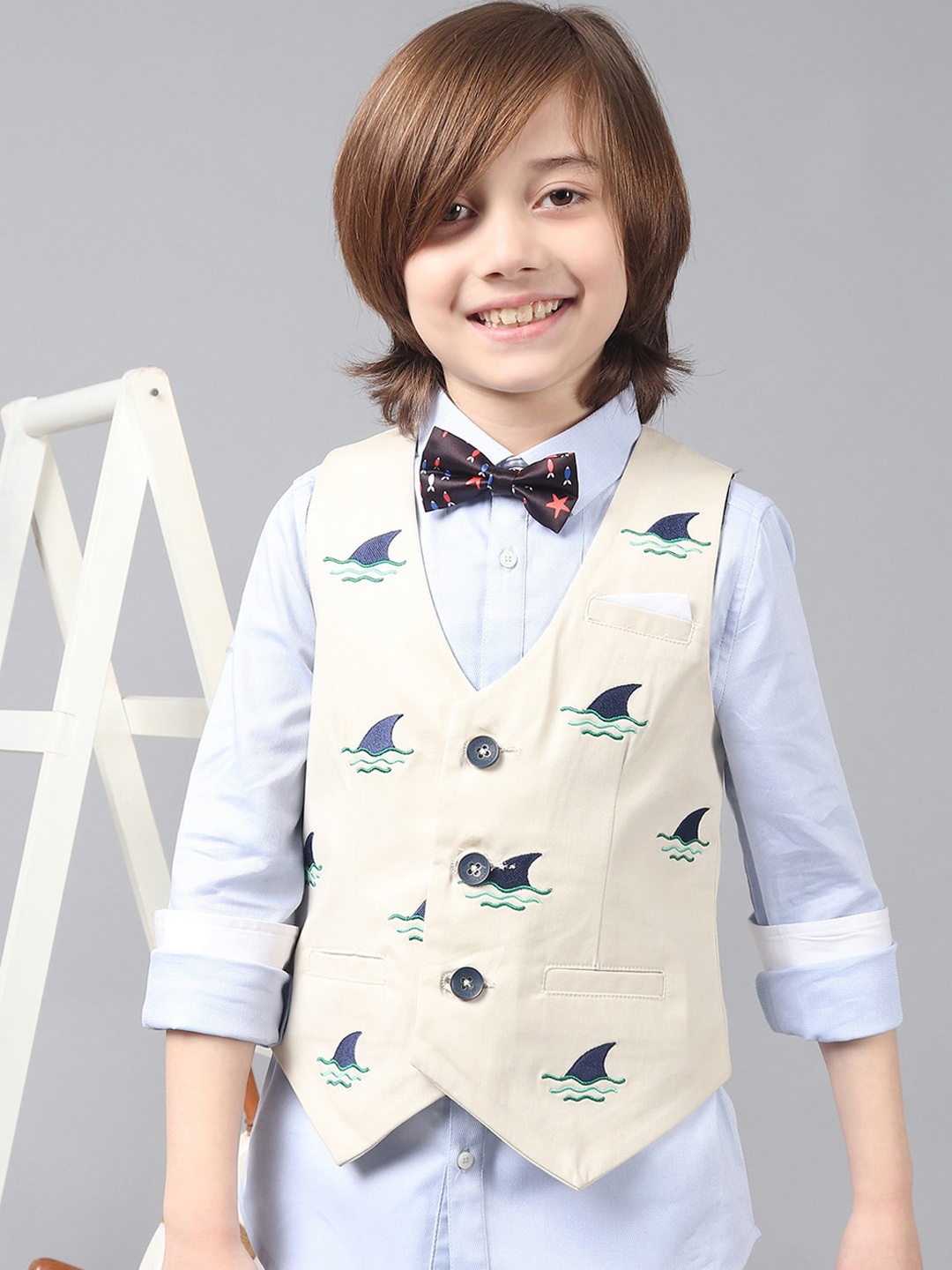 

One Friday Boys Embroidered Woven Waistcoat, Beige