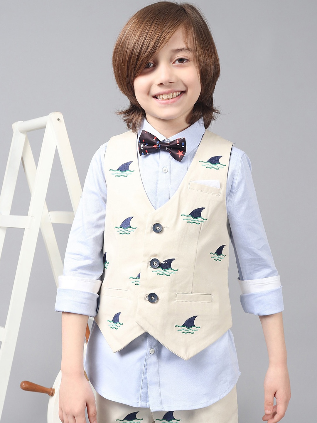 

One Friday Boys Embroidered V-Neck Pure Cotton Waistcoat, Beige