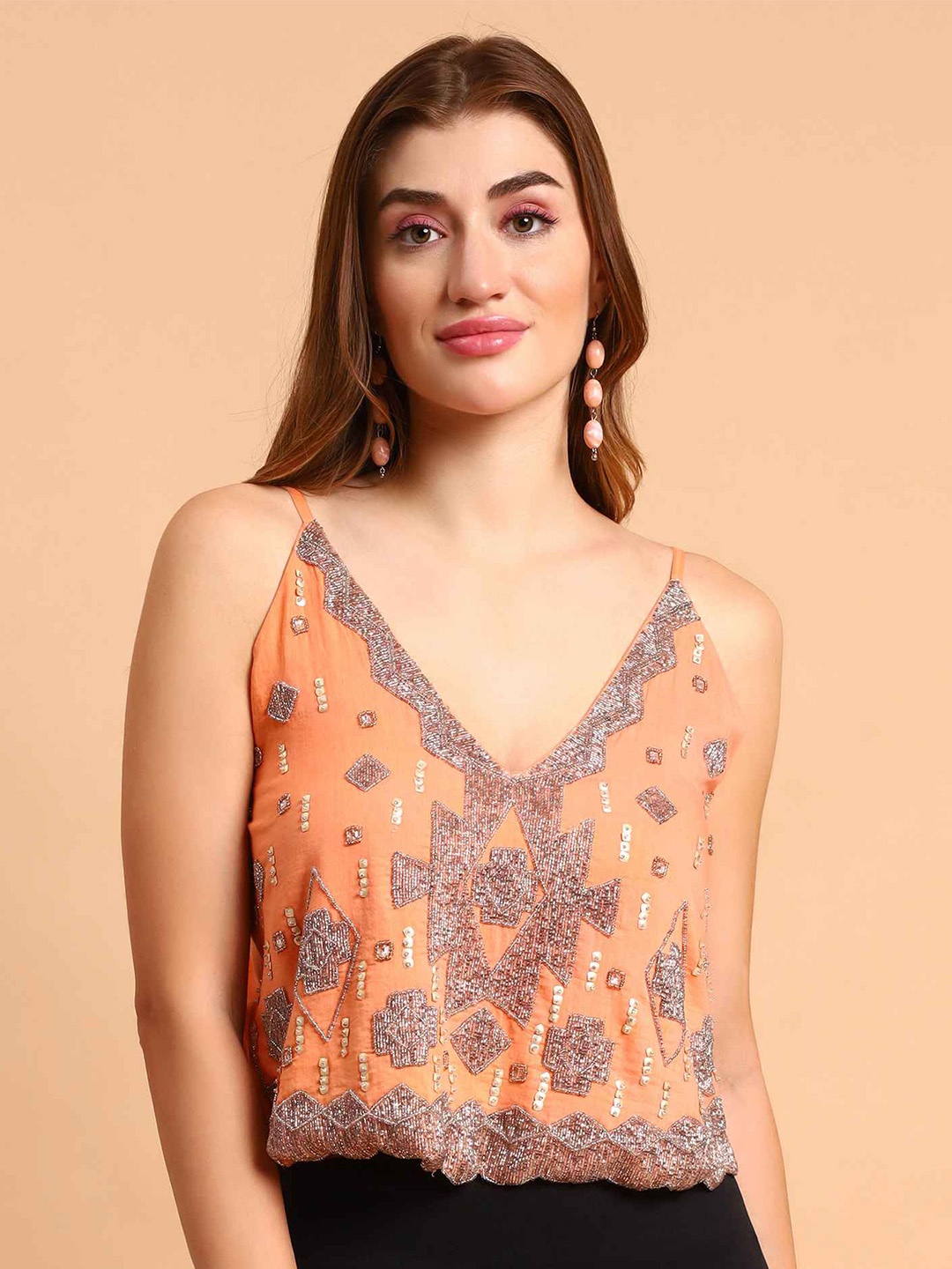 

Amagyaa Floral Printed V-Neck Sleeveless Cotton Top, Coral