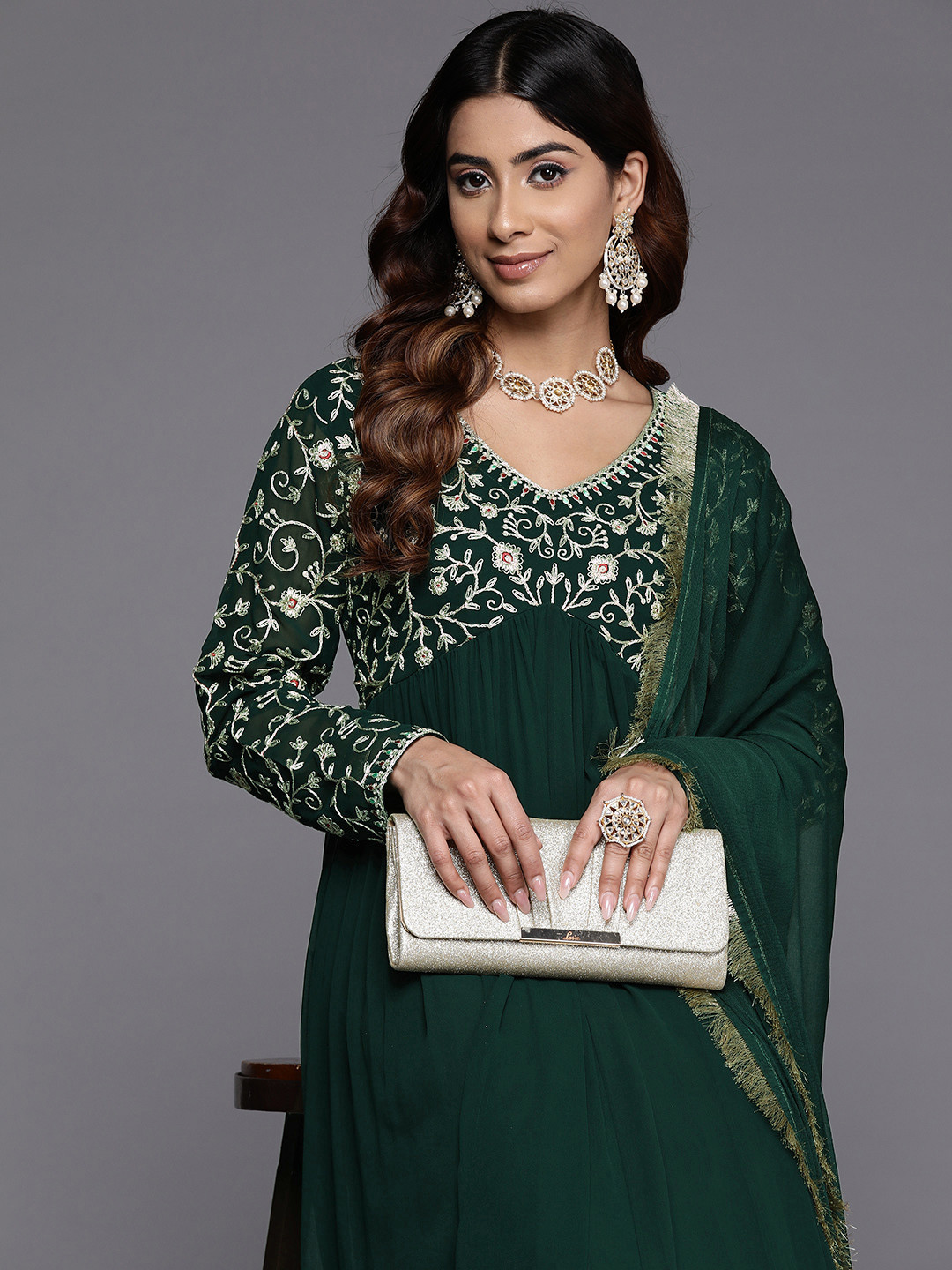 

Varanga Women Floral Embroidered Georgette Anarkali Kurta with Dupatta, Green