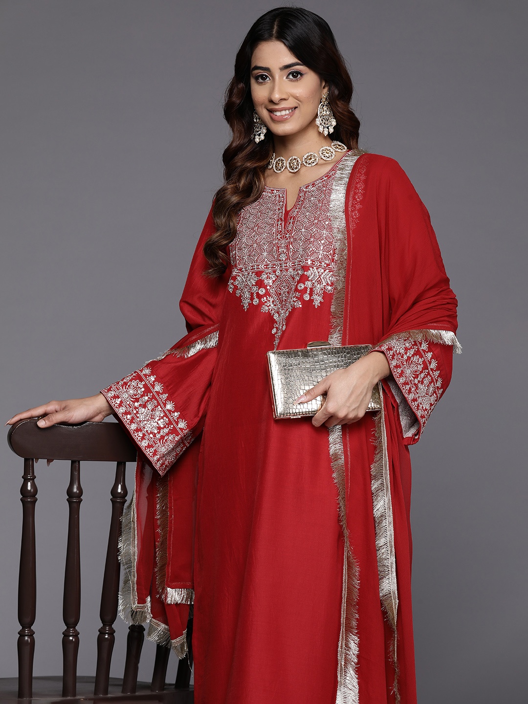 

Varanga Women Ethnic Motifs Embroidered Regular Kurta with Trousers & With Dupatta, Red