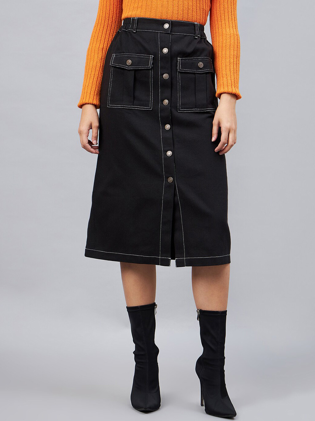 

Orchid Blues Front Slit A-line Denim Skirt, Black