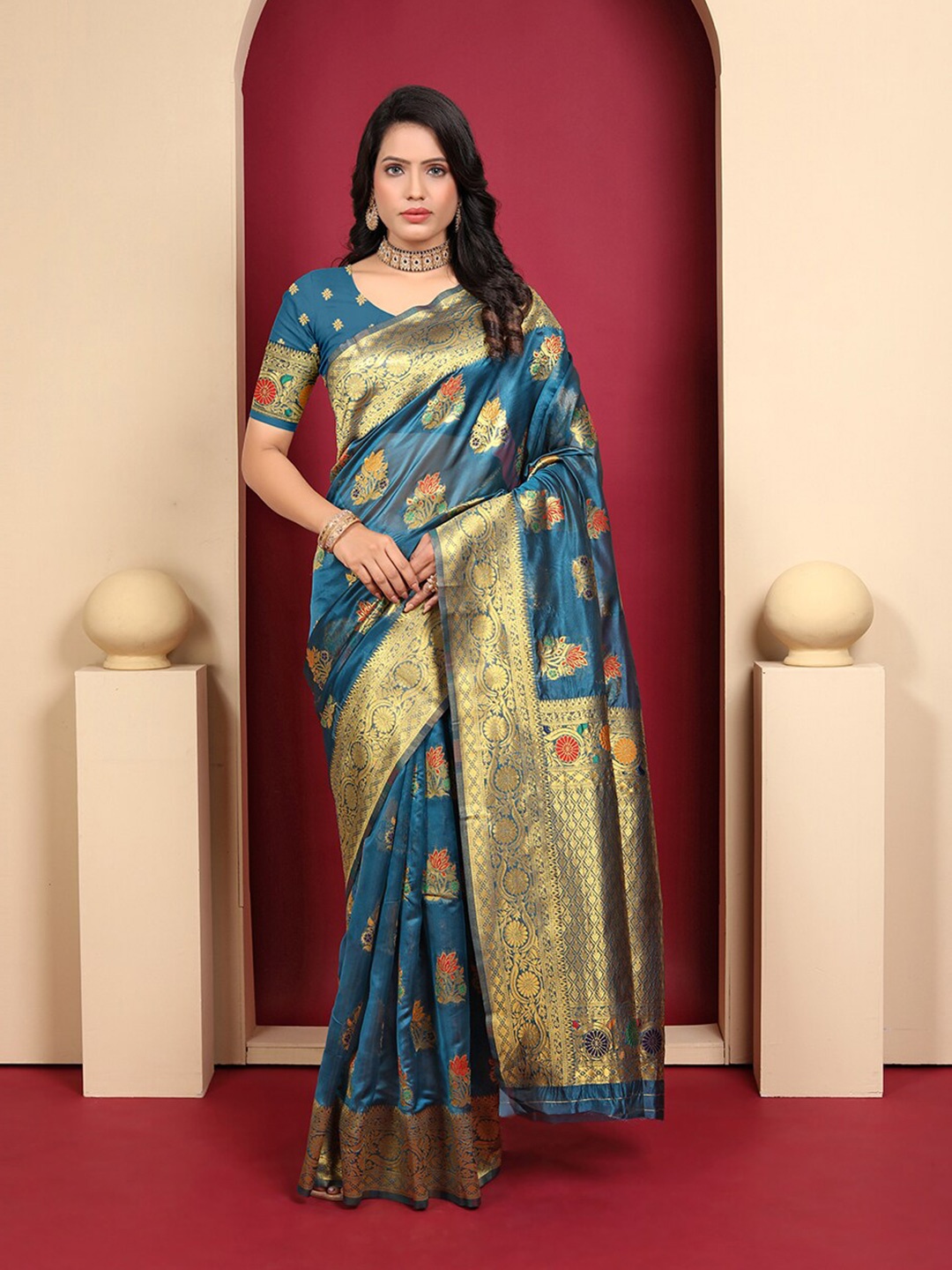 

Pionex Ethnic Motifs Woven Design Zari Organza Kanjeevaram Saree, Teal