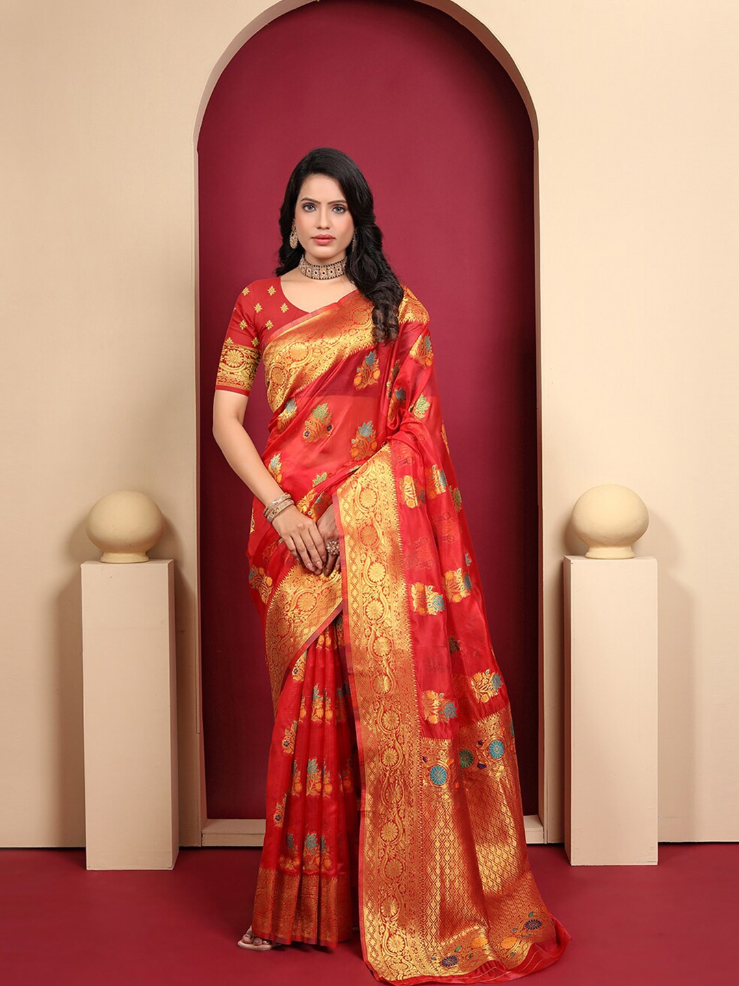 

Pionex Floral Woven Design Zari Organza Kanjeevaram Saree, Red