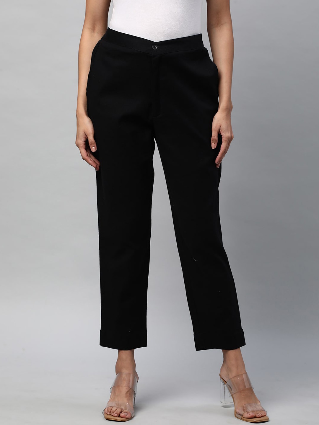 

KAMI KUBI Women Straight Fit Mid-Rise Cotton Trousers, Black