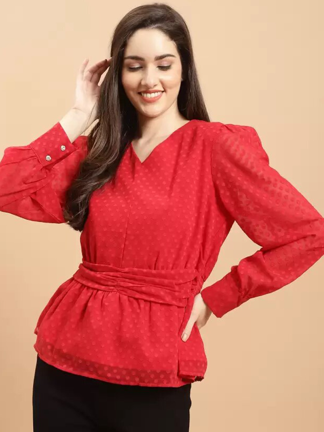 

Purple State Self Design Smocked Cinched Waist Top, Red