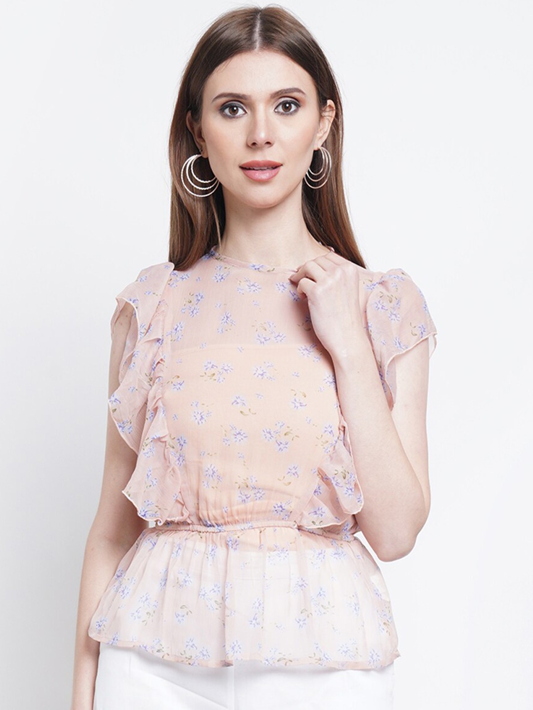 

Purple State Floral Printed Puff Sleeve Chiffon Cinched Waist Top, Peach