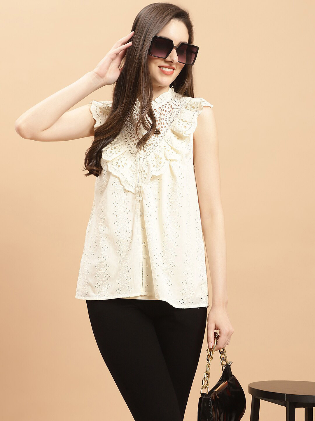 

Purple State Plus Size Schiffli Ruffles Cotton Top, Off white