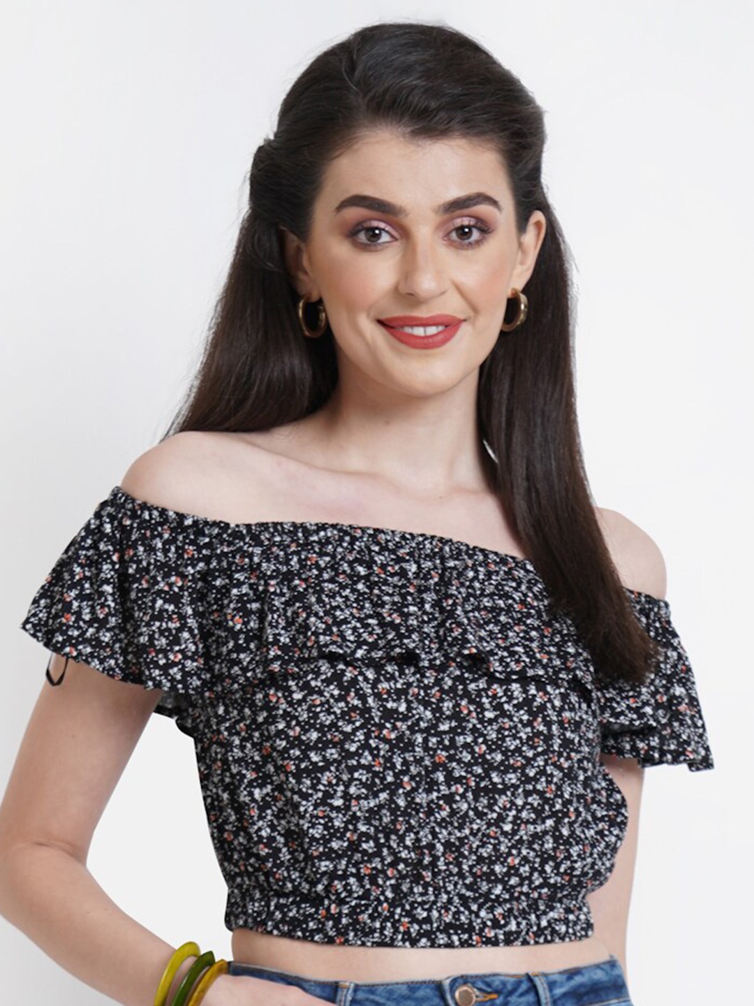 

Purple State Floral Printed Off-Shoulder Cotton Bardot Crop Top, Black