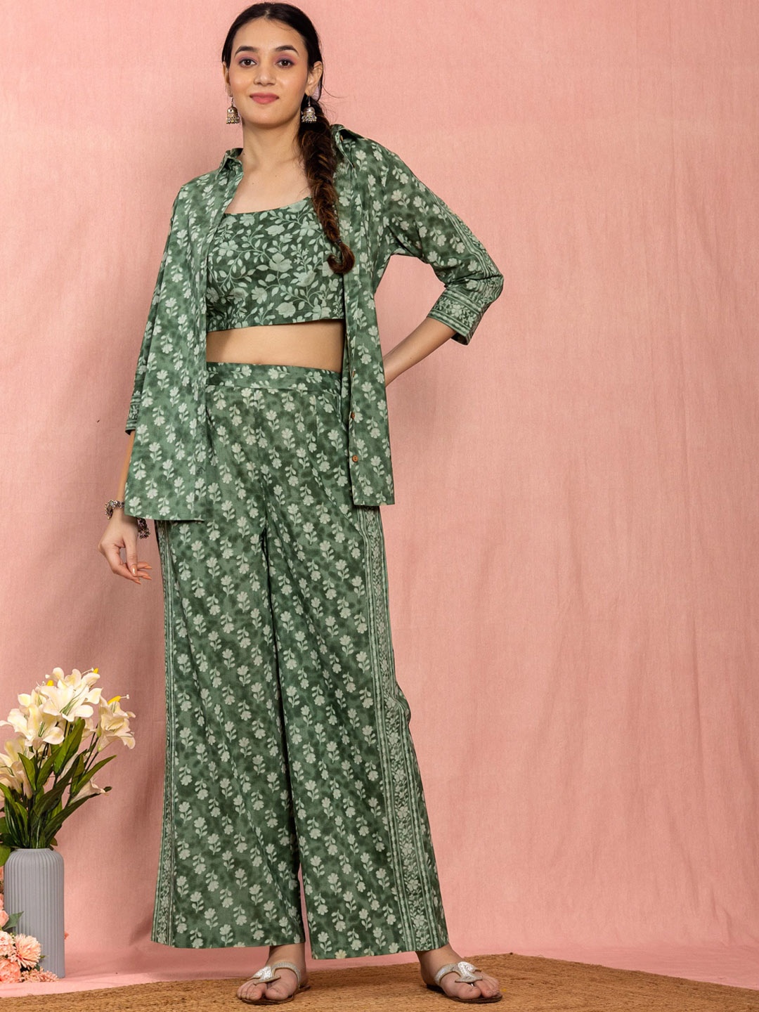 

KASYA Relaxed Fit Floral Printed Pure Cotton Co-ord Set, Green