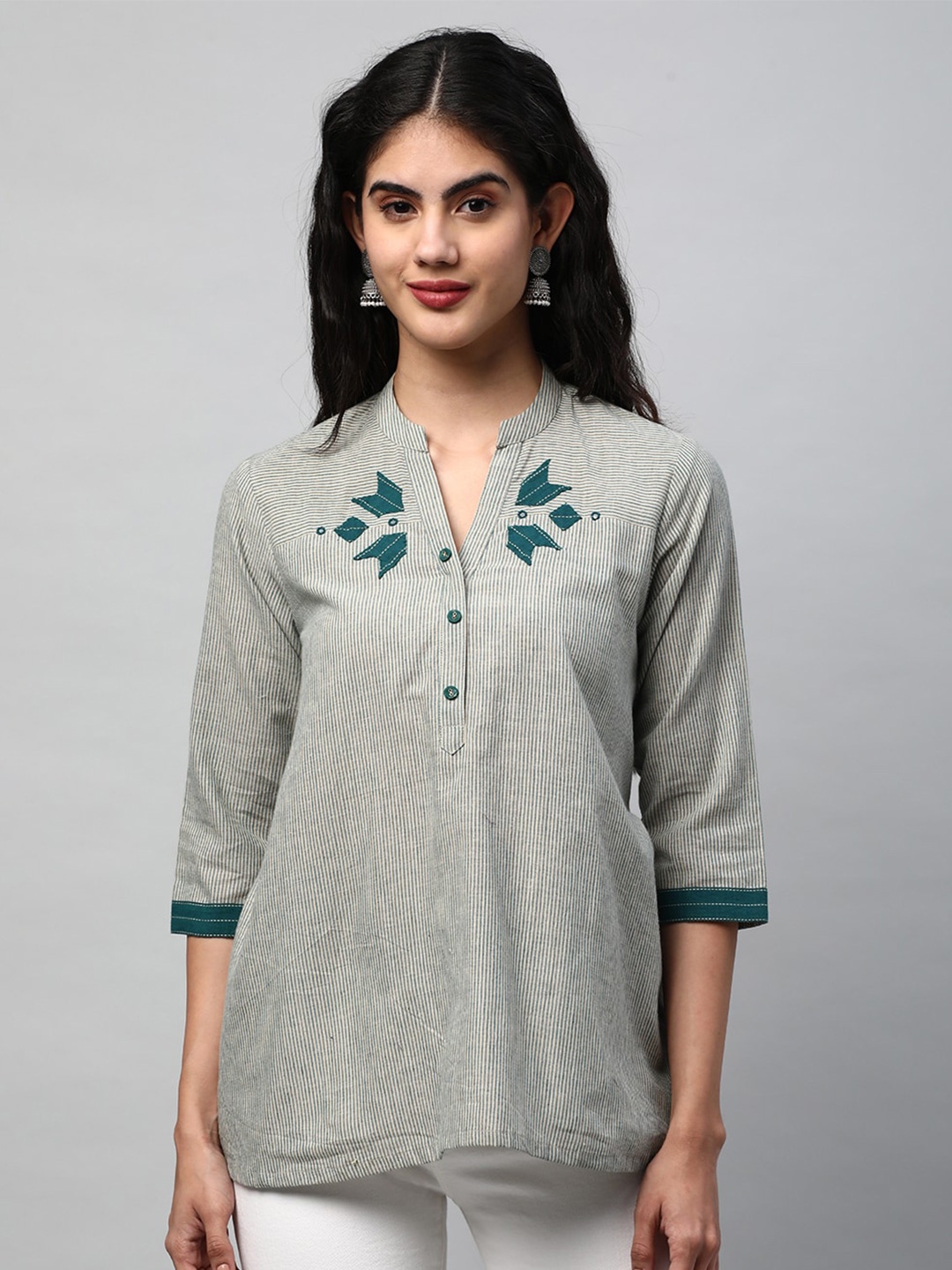 

KAMI KUBI Printed Mandarin Collar Cotton Shirt Style Top, Green