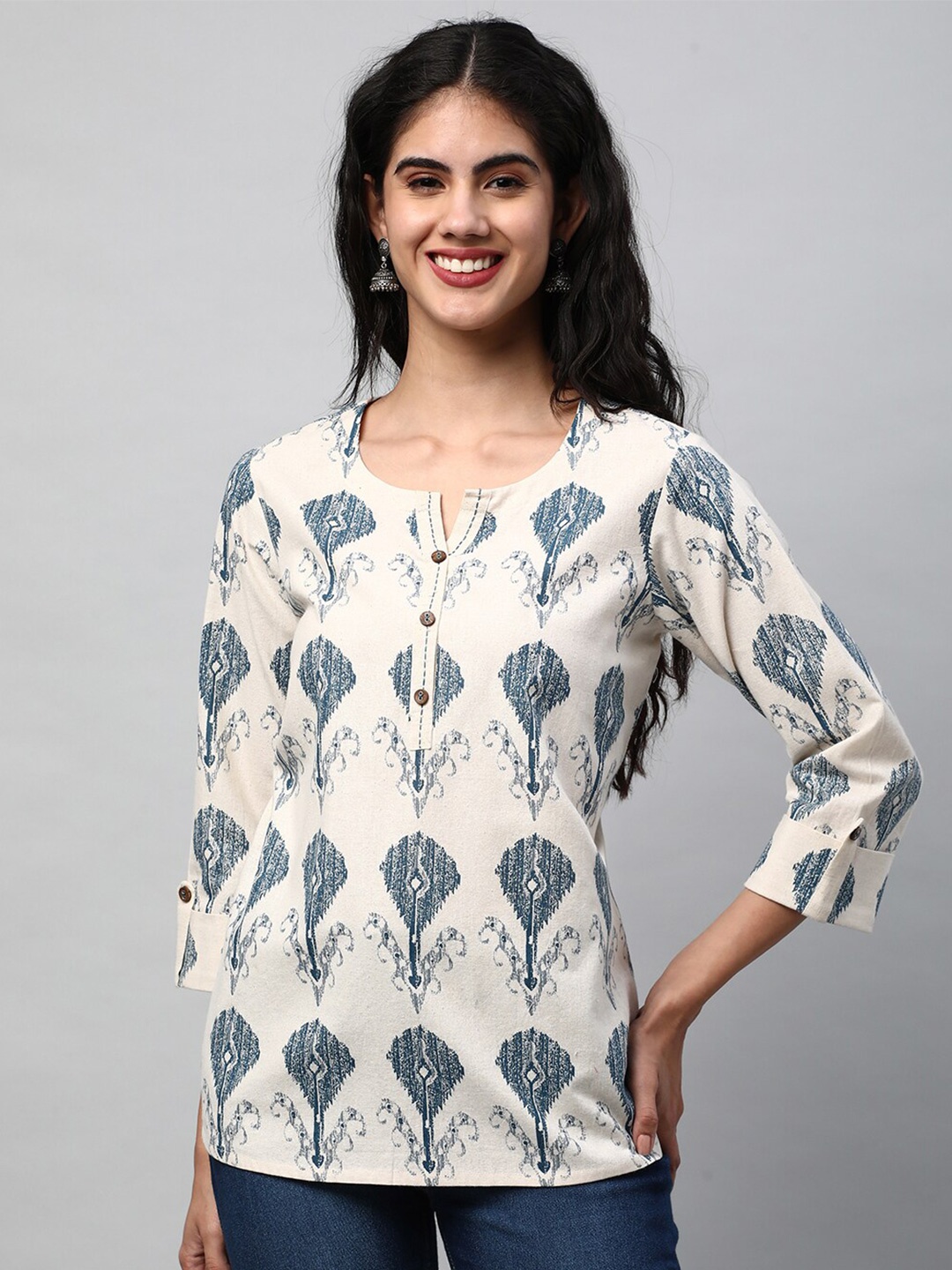 

KAMI KUBI Printed Roll-Up Sleeves Cotton Top, White
