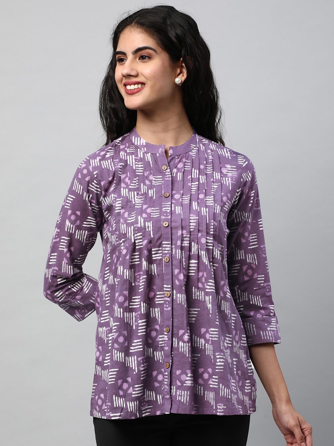 

KAMI KUBI Geometric Printed Mandarin Collar Cotton Top, Purple