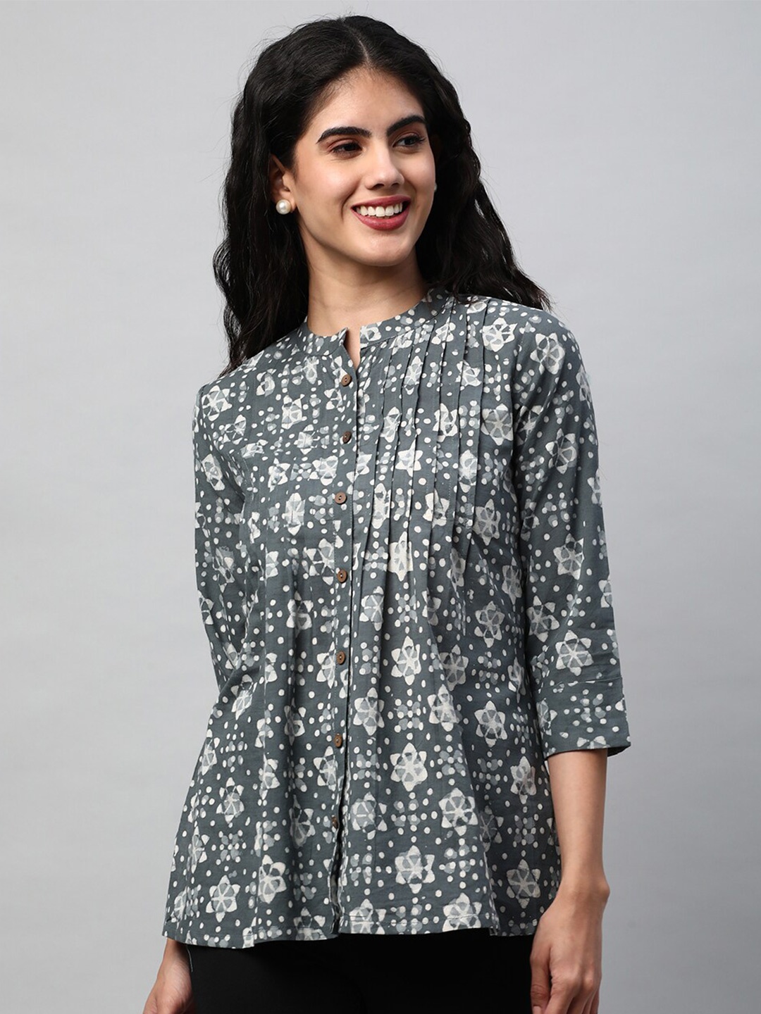 

KAMI KUBI Printed Mandarin Collar Cotton Top, Grey