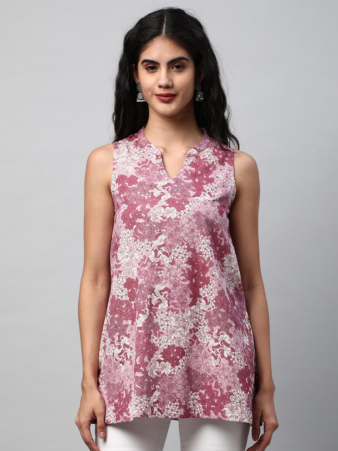 

KAMI KUBI Floral Printed Mandarin Collar A-Line Pure Cotton Top, Pink