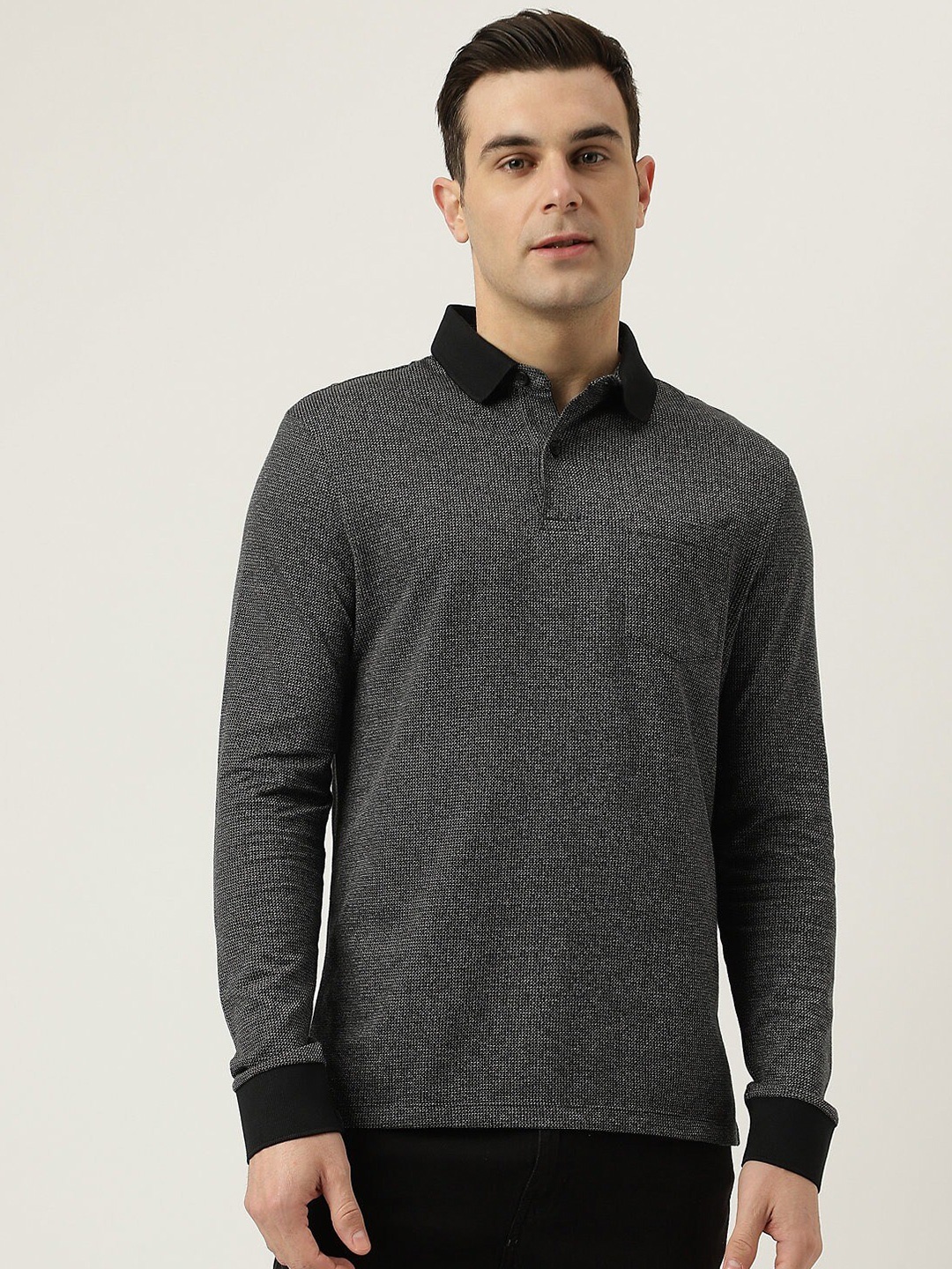 

Marks & Spencer Self Design Polo Collar Long Sleeves T-shirt, Black