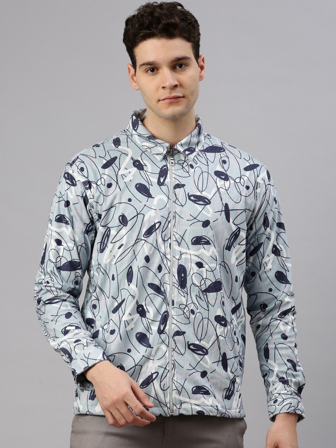 

ZEDD Abstract Printed Spread Collar Lightweight Corduroy Cotrise Cotton Tailored Jacket, Blue