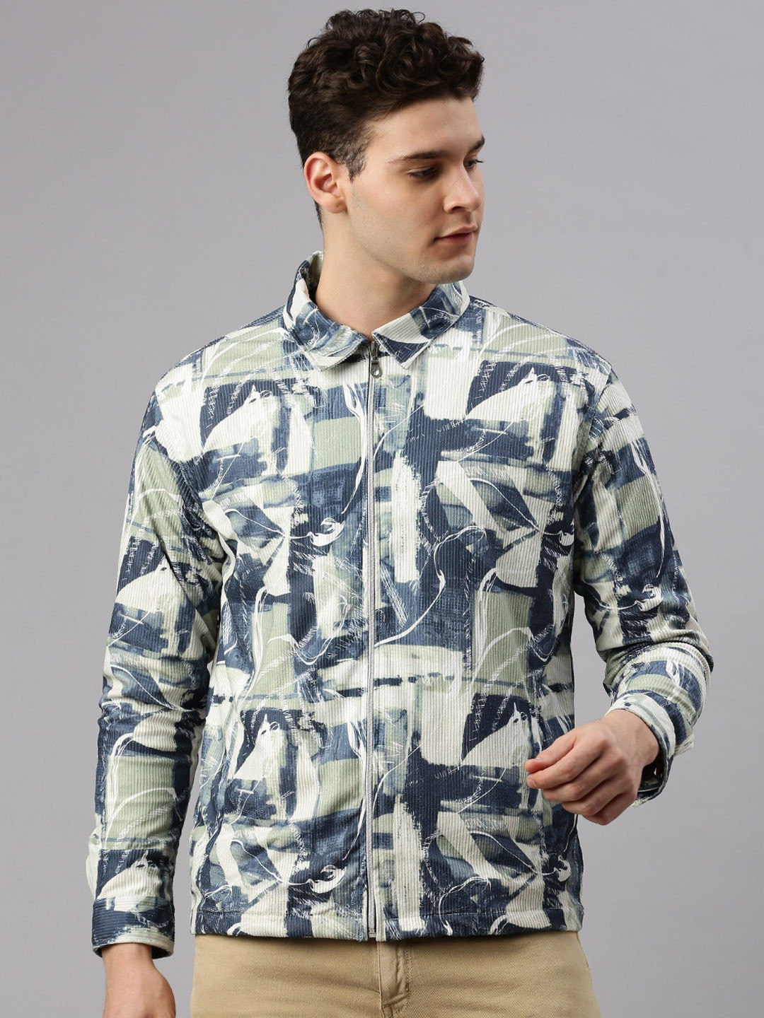

ZEDD Abstract Printed Spread Collar Lightweight Corduroy Cotrise Cotton Tailored Jacket, Green