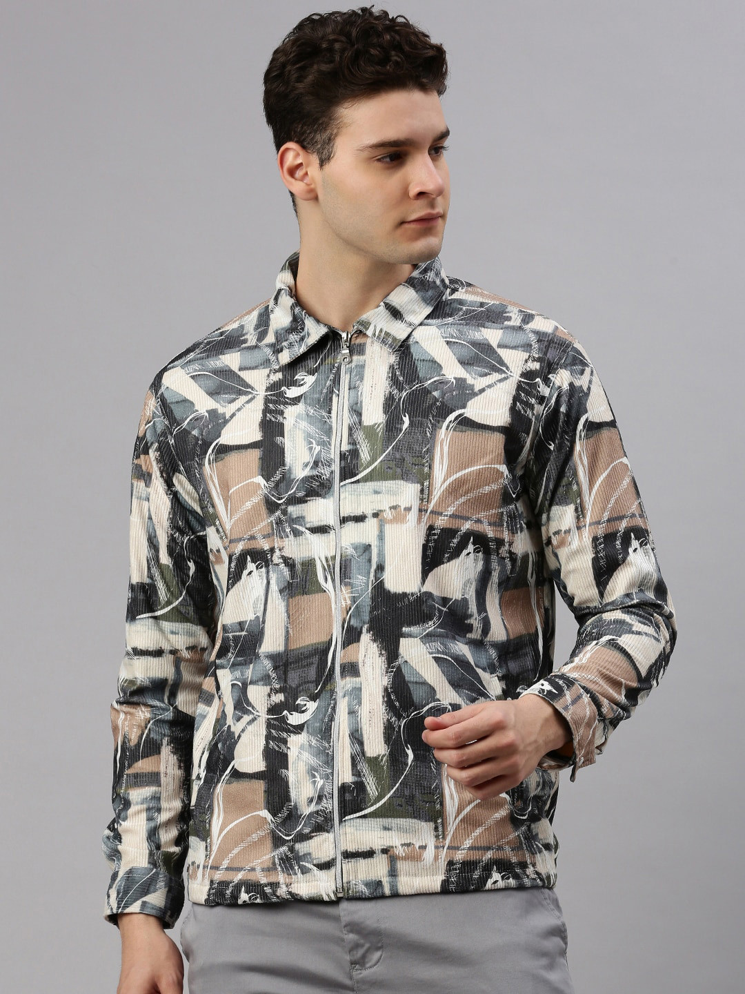 

ZEDD Abstract Printed Spread Collar Lightweight Corduroy Cotrise Cotton Tailored Jacket, Blue